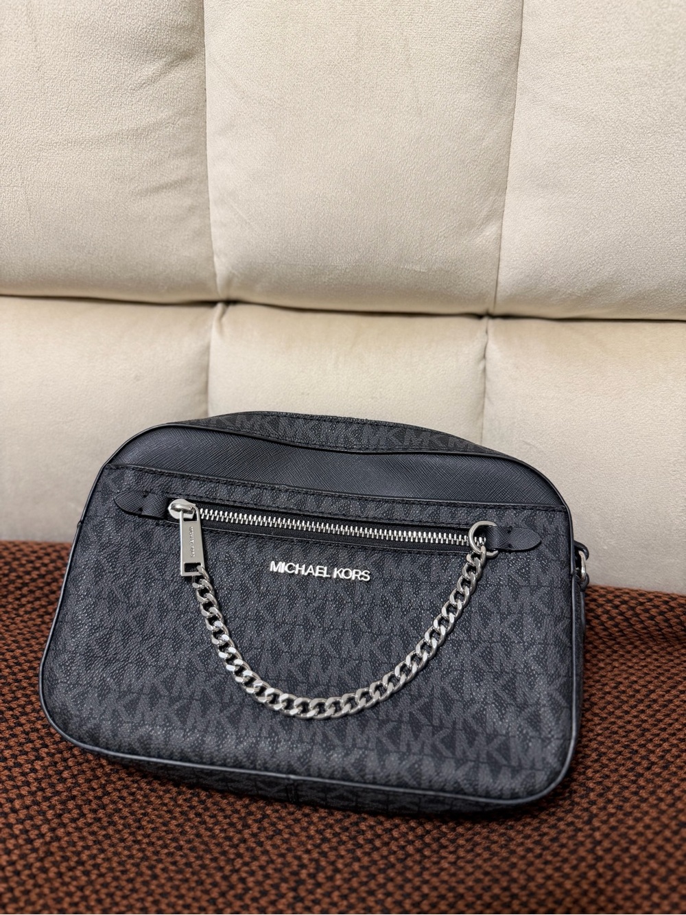 Michael Kors Black MK Monogram Crossbody with Silver Chain